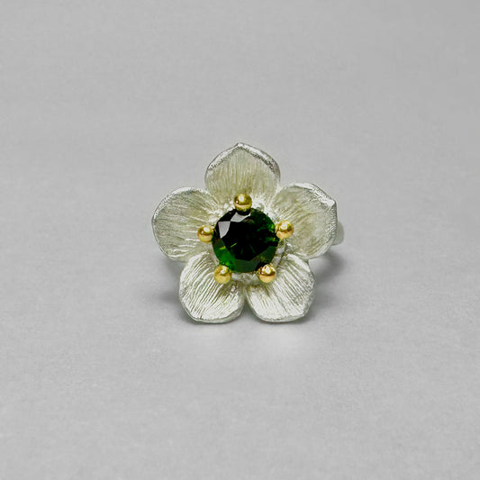 Flower Ring - Green Tourmaline- Silver