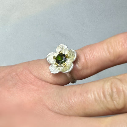 Flower Ring - Green Tourmaline- Silver